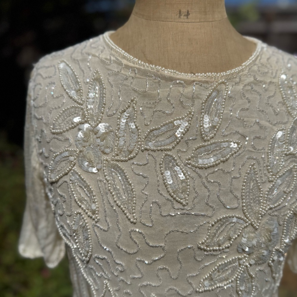 Two Piece Silk Beaded 80s Dress - Picture 4 of 7